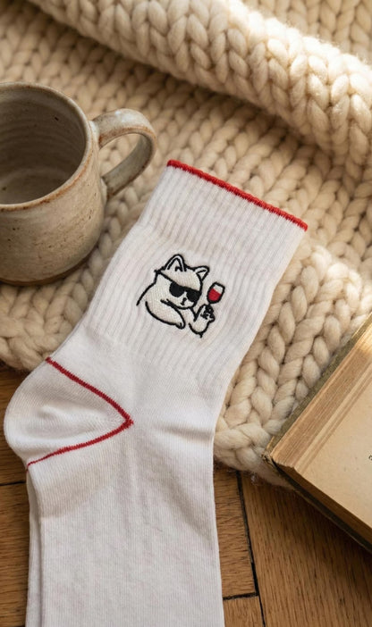 Tynora Women's Embroidered Cat Socks,  Soft Crew Socks with Feline Detail