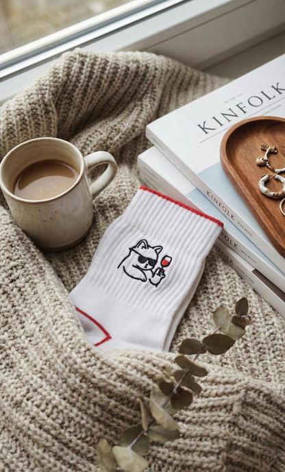 Tynora Women's Embroidered Cat Socks,  Soft Crew Socks with Feline Detail