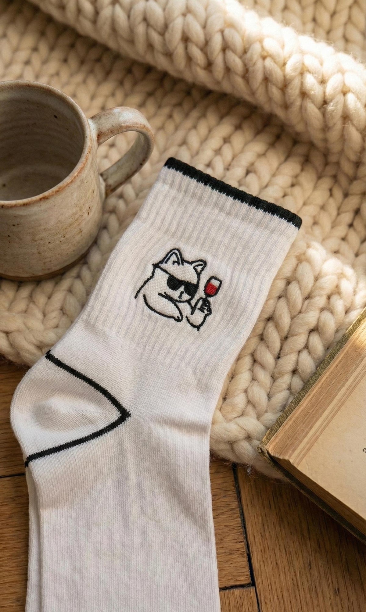 Tynora Women's Embroidered Cat Socks,  Soft Crew Socks with Feline Detail